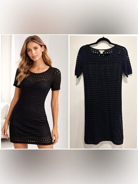 Club Monaco Black Open Knit Dress XS Wool Silk Mesh Short Sleeve Mini